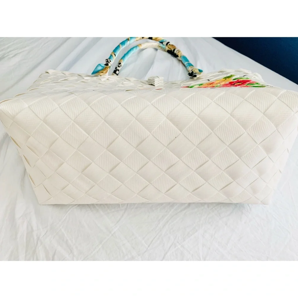 Summer Beach Woven Floral White Tote Bag